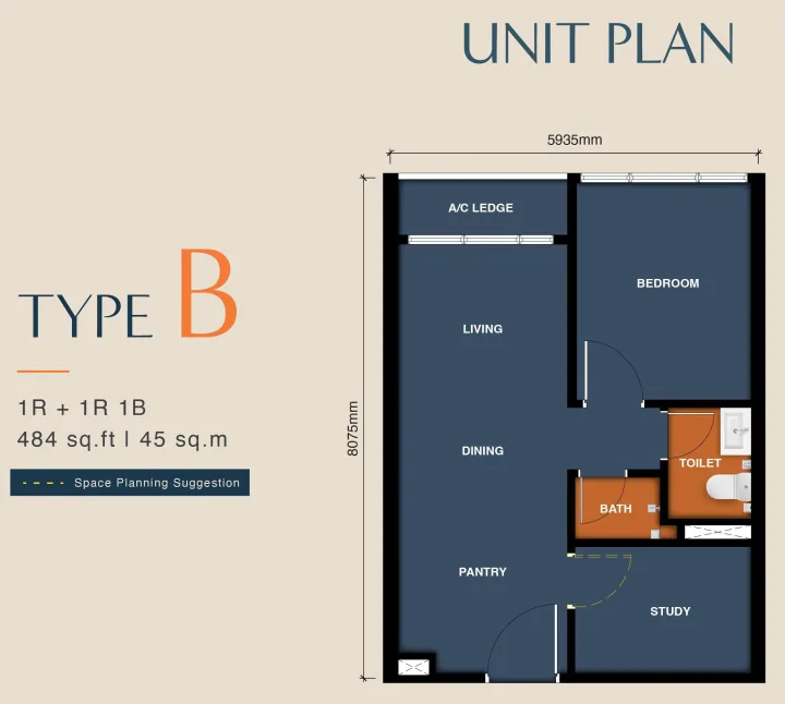 Type B 484 sq ft one plus one room unit plan