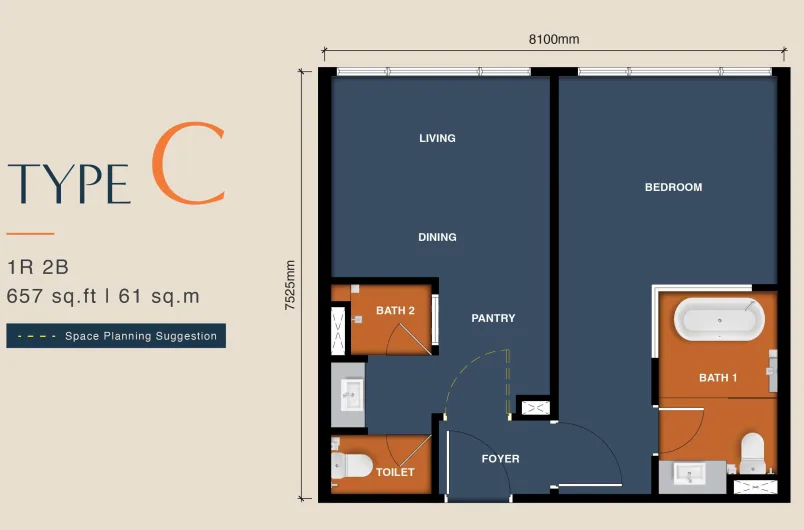 Type C 657 sq ft dual-key plan